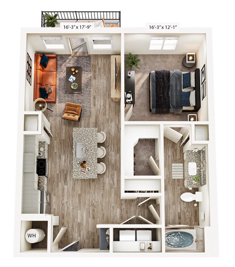 Floor plan for 1 bed, 1 bath, 775 sqft